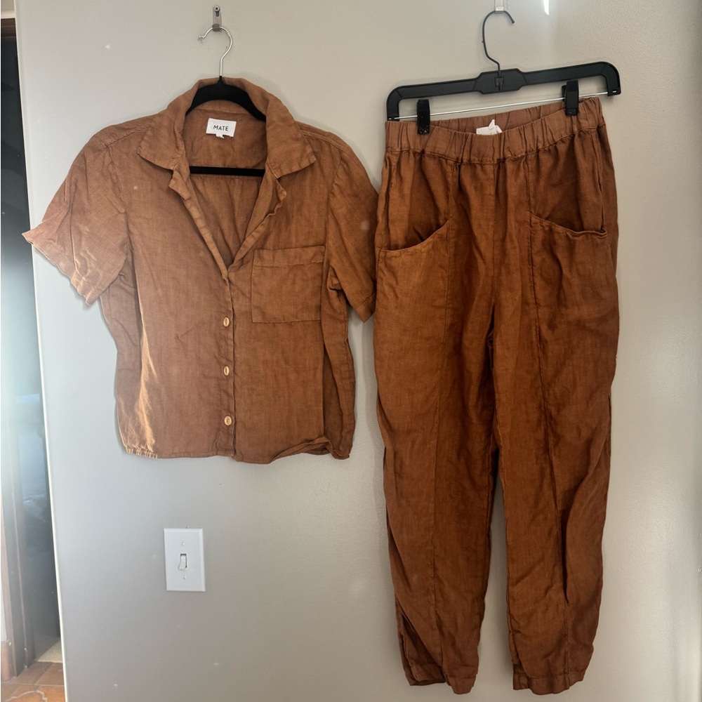 MATE the Label Rust Brown Linen Track Pants & Short Sleeve Button Shirt Set